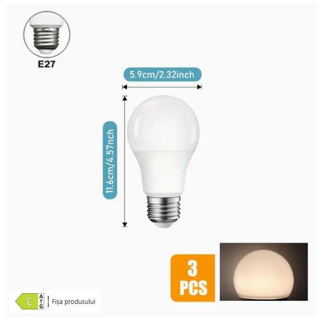 Set 3 becuri LED 14w E27 cu senzor de miscare