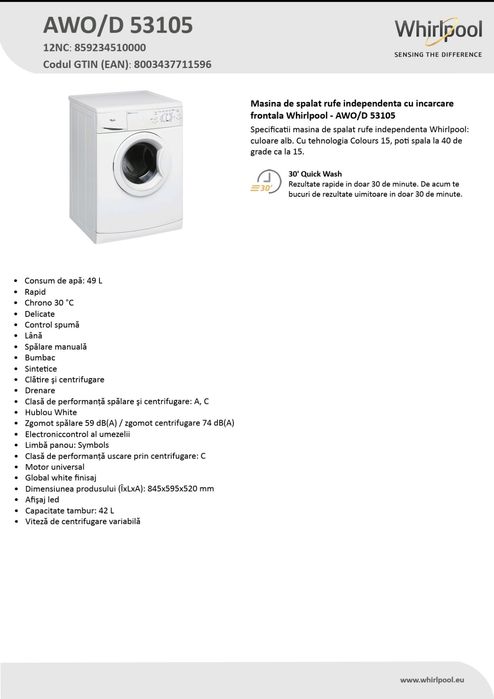 Vand mașină de spălat rufe Whirlpool