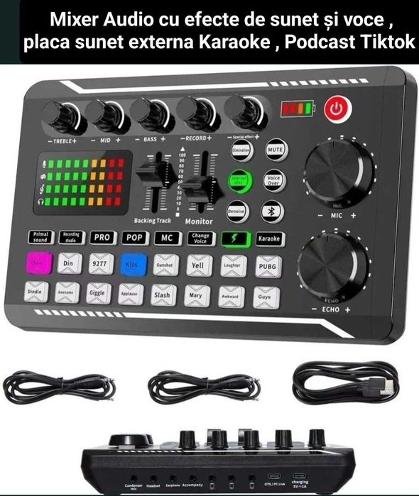 Mixer cu efecte de sunet și Bluetooth, placa sunet externa consola dj ideala pentru Tiktok sau Podcast