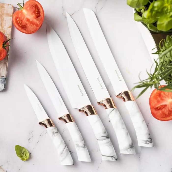 Set cutite din inox cu suport, 6 elemente, alb cu model maro, Kinghoff