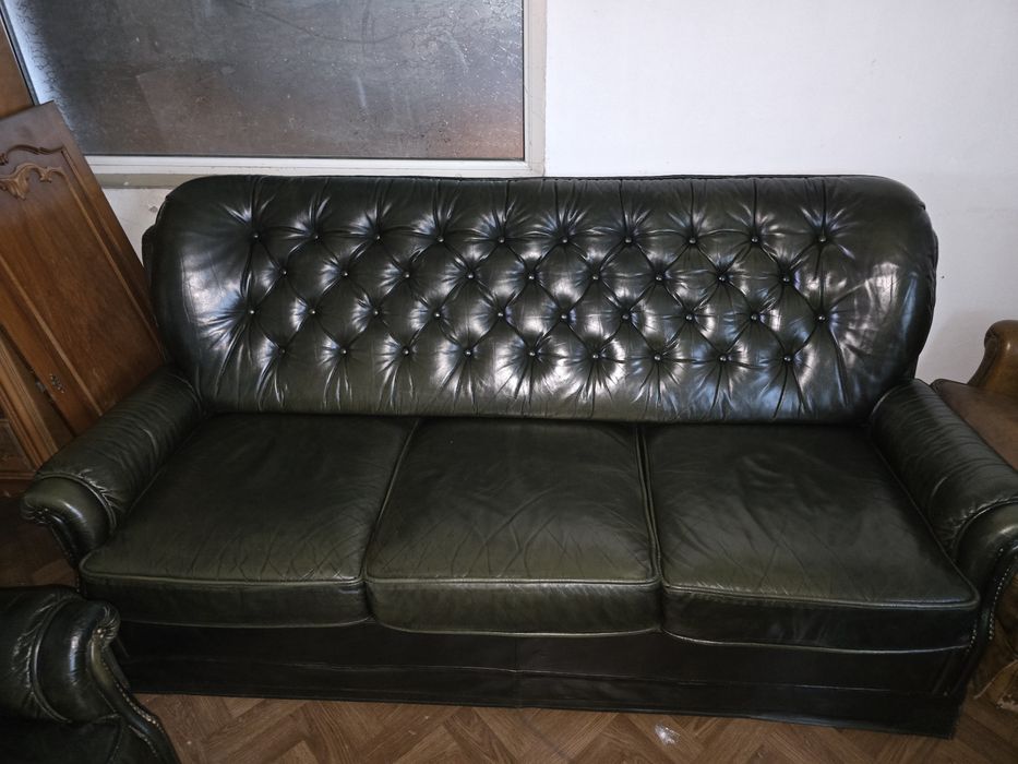 Set 3+2+1 Chesterfield Queen Anne piele naturală
