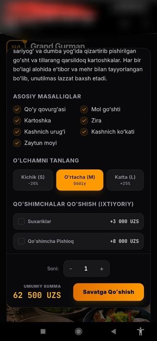 Online menu narxi 8mln