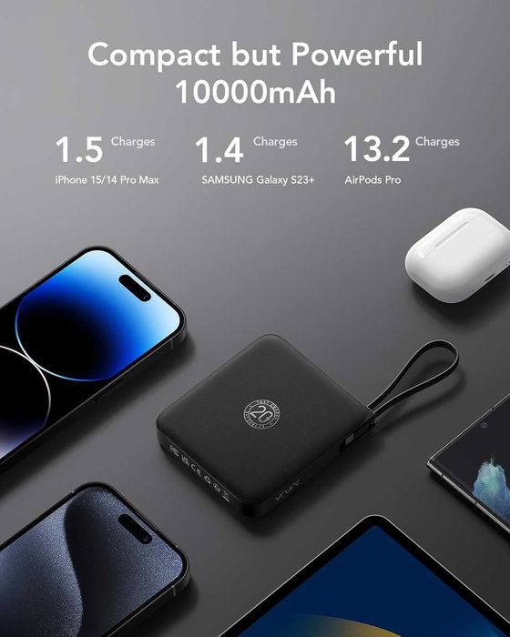 Външна батерия VRURC 10000mAh 22.5W вградени кабели дисплей