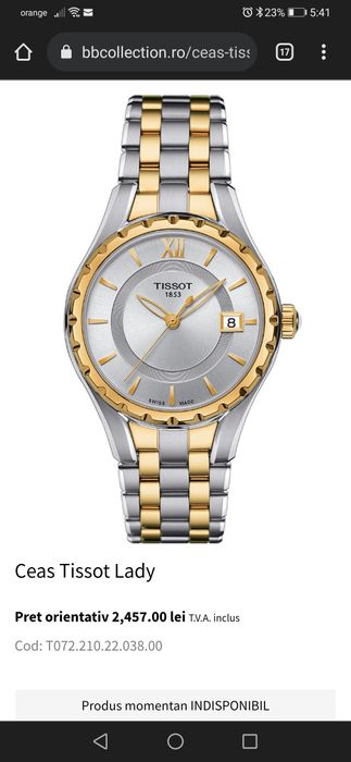 Ceas Tissot dama argintiu și auriu