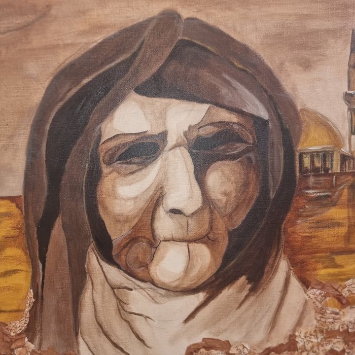 Tablou decorativ mare, tehnică mixtă (colaj + pictură pe pănză), 76×67