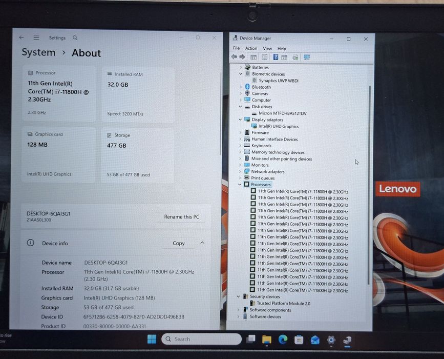 15.6' IPS Lenovo P15v Gen2 Intel Core i7-11800H/32GB DDR4/512GB/Бат.6ч.