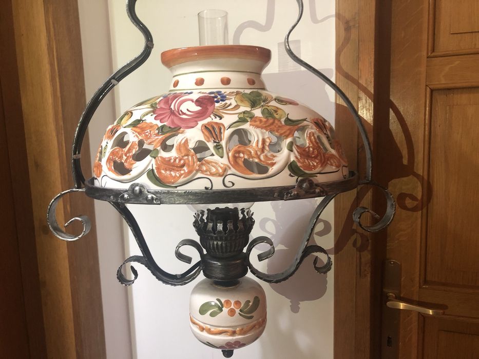 Candelabru,lustra,lampa rustica germana,fier forjat,ceramica emailata