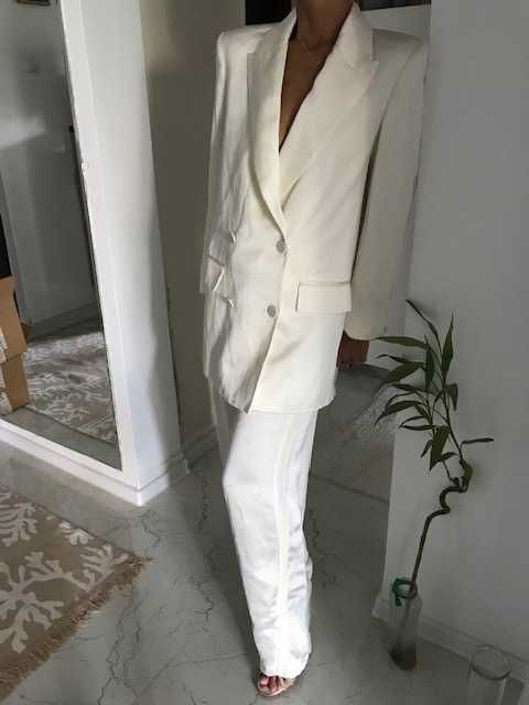 zara costum alb in double breasted straight pantalon shimmer lucios nou S/XS  oyster ecru