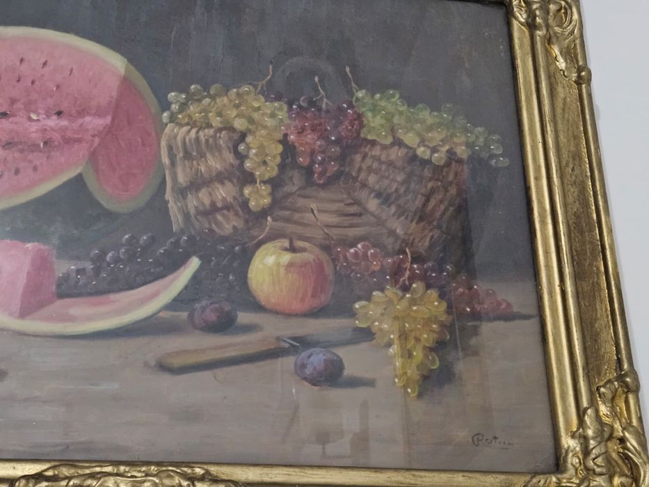 Pictură de colecție: Cornel Rațiu – „Natură statică cu pepene și struguri”