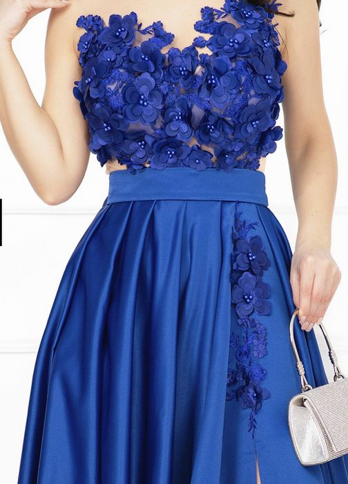 Rochie de ocazie albastru-royal din tafta cu flori