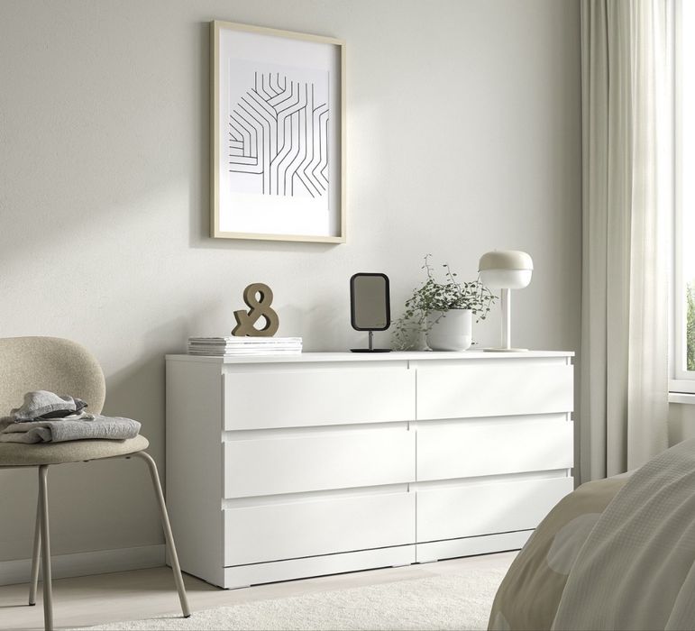 Comoda alba mata 6 sertare 160/48/78 +blat sticla alb 160/48.