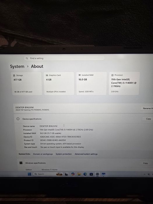 Геймърски лаптоп ASUS TUF Gaming F15 – i5-11400H, 16GB RAM, 3050 RTX,