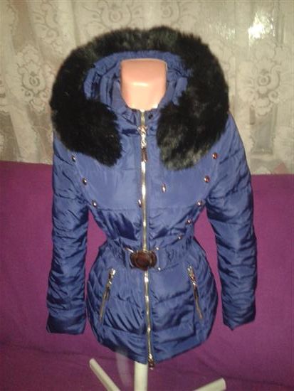Geacă fabuloasa bleumarin cu blană, glugă, centură TRANSPORT GRATUIT