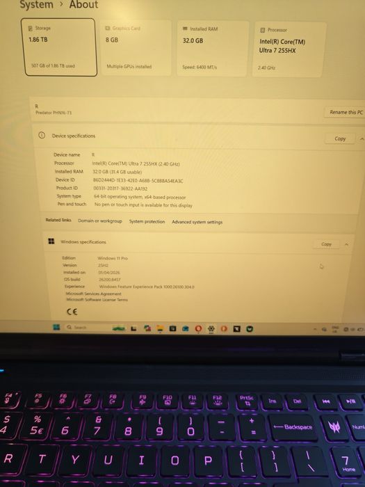 Vând/schimb Laptop gaming ACER PREDATOR HELIOS NEO 16 AI, RTX 5060, 32GB RAM, 2 TB 
INTEL ULTRA 7 255HX(2,40GHz)
RTX 5060 + INTEL ARC GRAPHICS - Arr