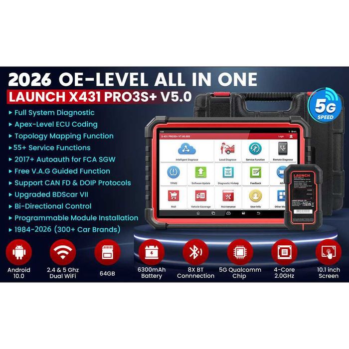 Tester diagnoza multimarca LAUNCH X431 PRO3S+ V5.0, meniu Romana, Maghiara, tableta 10.1" Android, 4GB 64GB, ADAS, 55+ servicii, 2 ani update