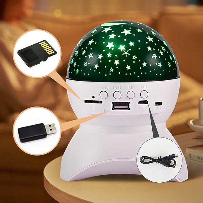 Нощна лампа, звезден прожектор, bluetooth, USB и музикален плейър