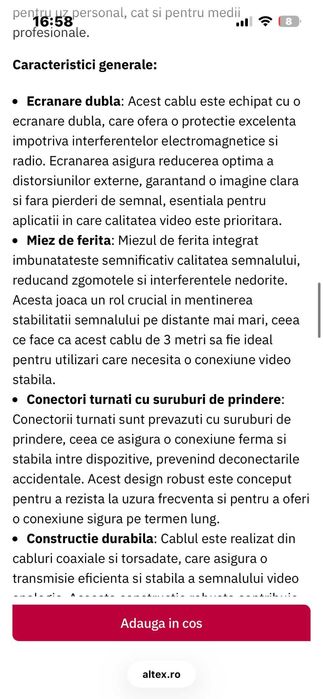 Cablu VGA 3m (3 metri) MYRIA, utilizat O SINGURA DATA