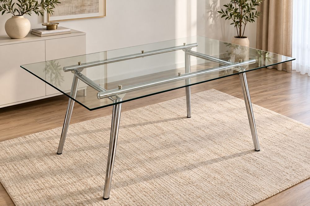 Masă dining Mobexpert, blat sticlă, structură cromată, 160 cm