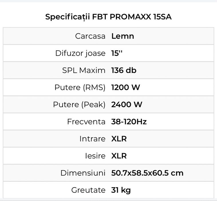 Se vând 4 bași FBT PRO MAXX 15 SA