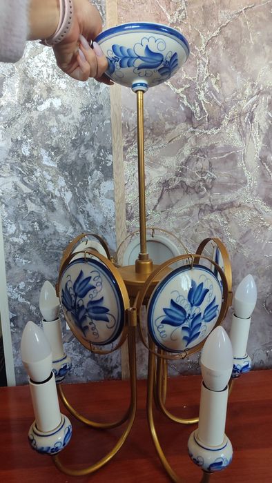 Люстра (латунь) Гжель 5 рожковая, ручная роспись, светильник, лампа,