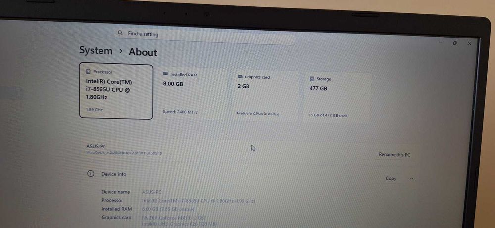 Продавам лаптоп ASUS X509F (i7 / 8GB RAM / 512GB NVMe /2GB NVIDIA) + Win 11 Pro & Office 2019