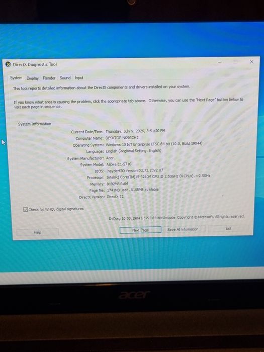 Laptop Acer Aspire E1-571G i5-3210M , 8 gb ram  , HDD 500 gb , nVidia GT 620M 1gb , Windows 10