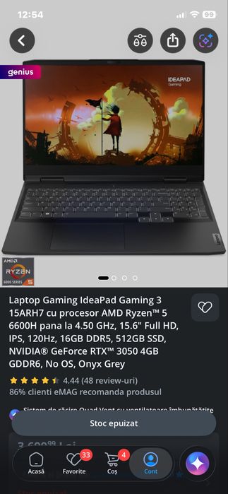 Laptop Lenovo LOQ Gaming (Cu Garantie) Ryzen 6600, Rtx 3050