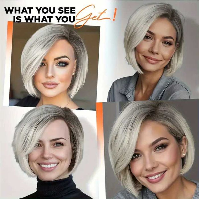 Елегантна къса омбре бяла перука с тъмни корени