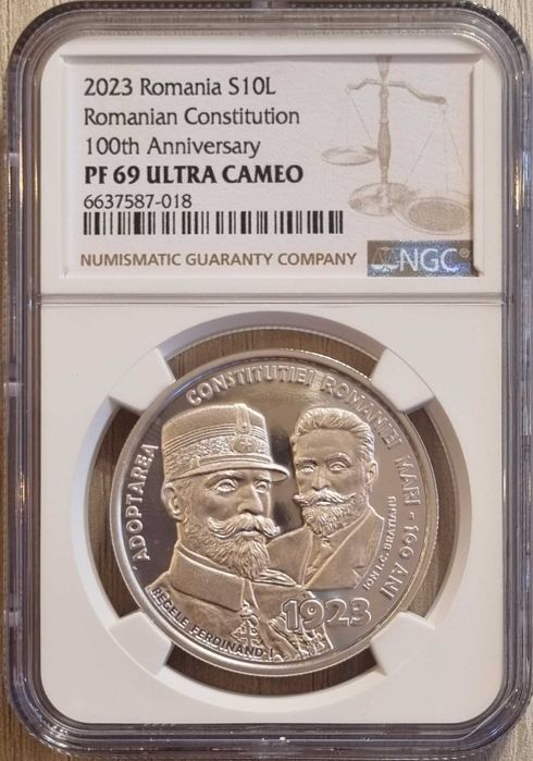 Moneda BNR 10 lei argint, Constitutia Romaniei Mari, gradata NGC PF 69