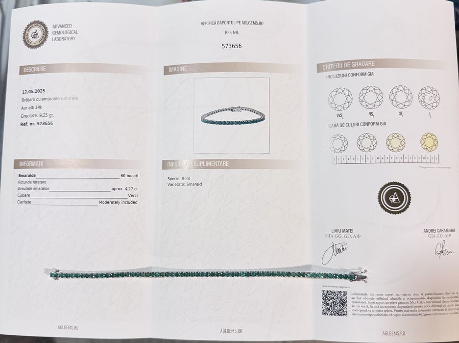 Bratara Tip Tenis Aur Alb 14K  9.25Gr Smaralde Verzi Naturale 4.27CT