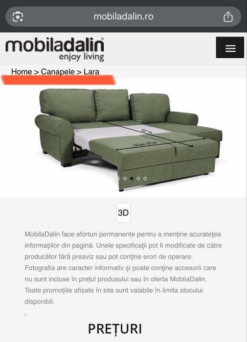 De vanzare Canapea Extensibila 2 locuri Lara produsa de Mobila Dalin