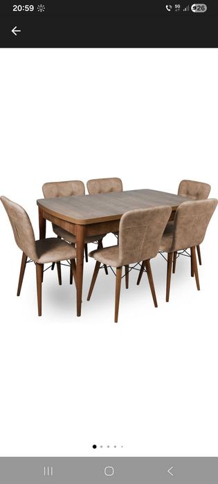 Set masă extensibilă cu 6 scaune tapițate nuc-maro