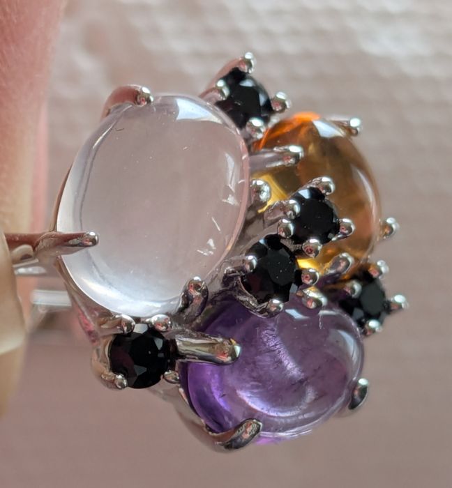 Сребърен комплект от естетствен розов кварц,аметист и цитрин