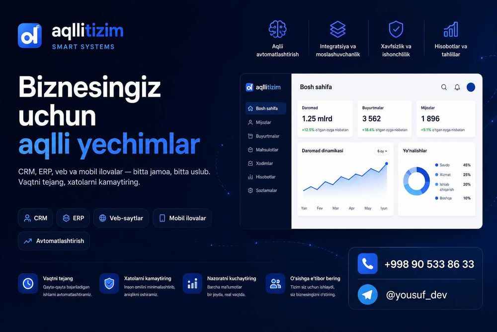 CRM, ERP, web saytlar, mobil ilovalar yasash.