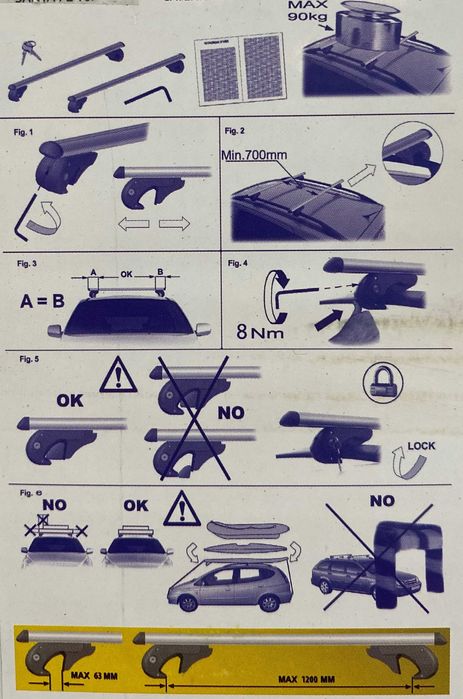 2бр. Алуминиеви Греди Багажник за Таван на Кола Автомобил с Ключ 120см