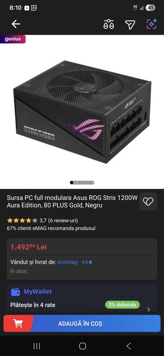 Sursa modulara ASUS ROG Strix 1200W Gold Aura Edition pentru piese sau reparat