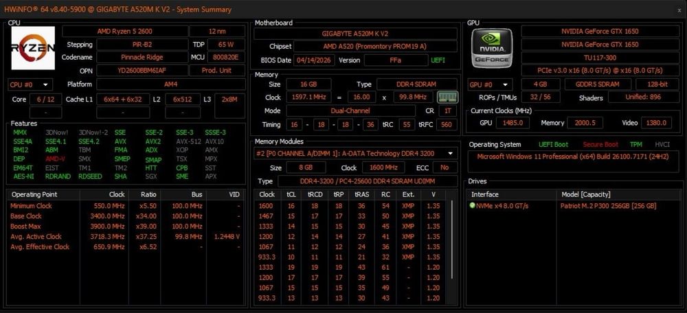 Calculator / Sistem PC Gaming - R5 2600, 1650 4GB, 16GB 3200, 256GB SSD