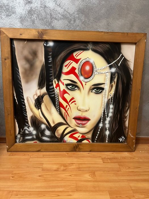 Tablou pictat manual cu aerograf, portret feminin stil fantasy, 80×80