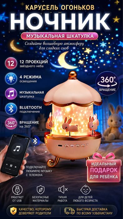 Музыкальный ночник-карусель с проектором звёздного неба
