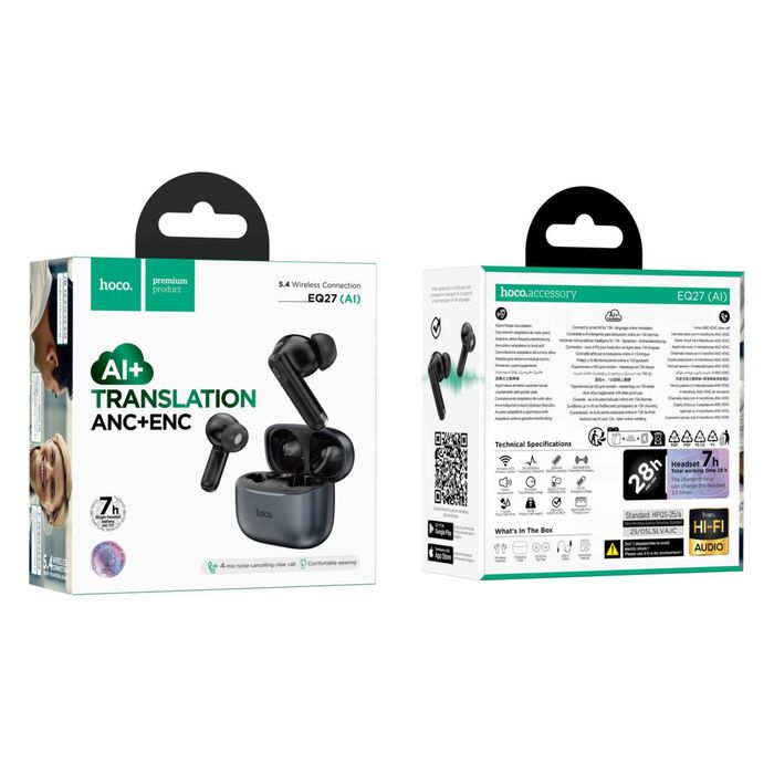 Наушники с переводчиком Hoco EQ27 черный (134 языка) ANC+ENC