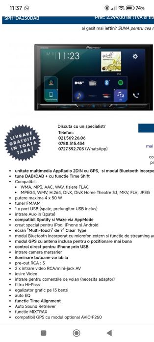 Player auto 2 din Pioneer sph da230dab Bluetooth usb 3x4v preout Android Apple carplay