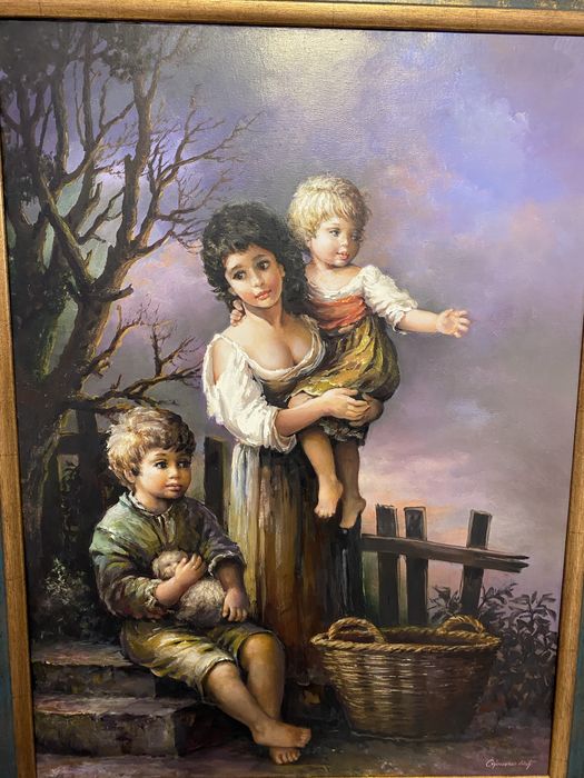 Tablou pictura ulei pe panza semnat : fata si copii
