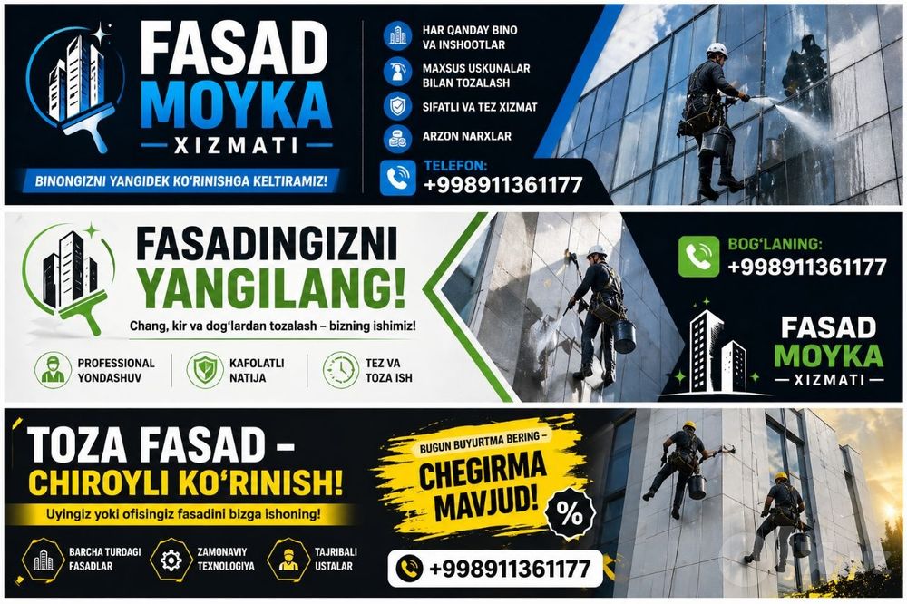 Фасад мойка | Тозалаш | дом | бино | ховли | офис  | Альпинист