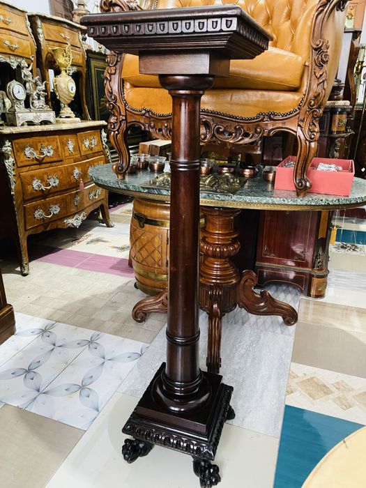 Piedestal Vintage Coloana Suport Lemn Masiv Sculptat Gheare Leu