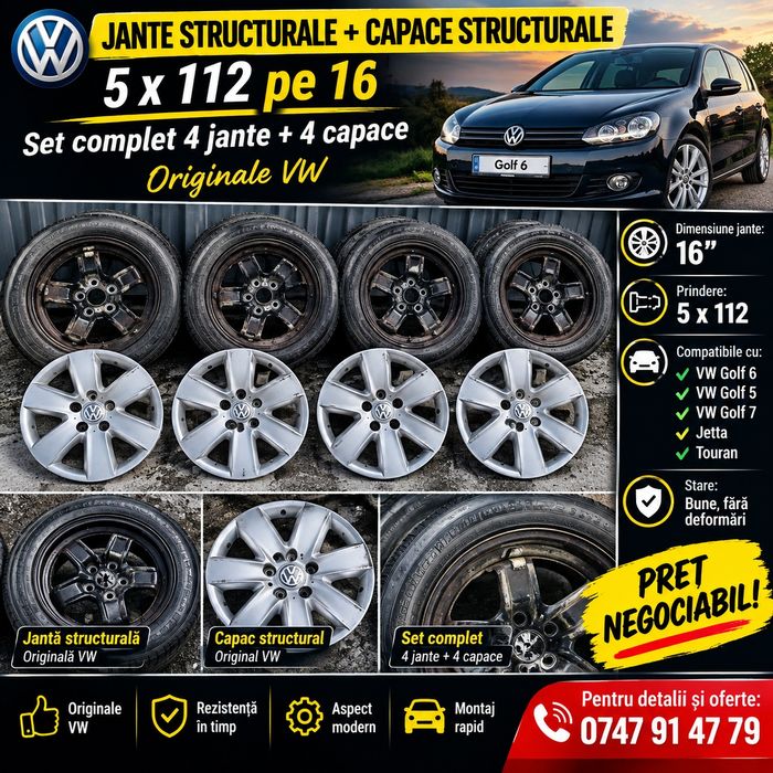 Jante structurale+capace structurale 5x112 pe 16 originale VW Golf 6(Golf 5;Golf 7,Jetta,Touran)