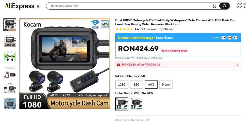 Camera video duala Moto 1080p, card 64 gb, wifi rezistenta la apa sigiliata