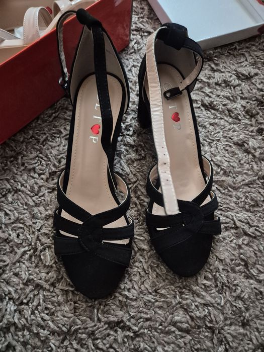 Sandale negre/crem toc gros