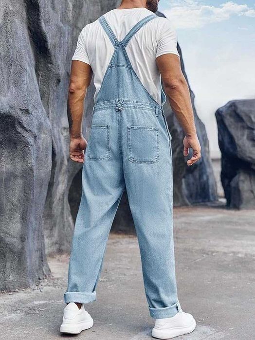 Salopeta barbati Runcati din denim, casual, reglabila