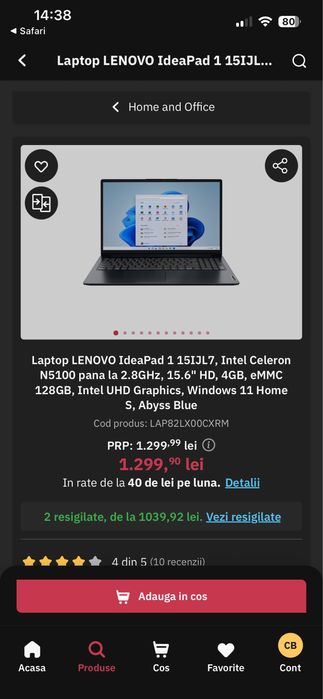 Laptop LENOVO IdeaPad 1 15IJL7 - ideal pentru scoala