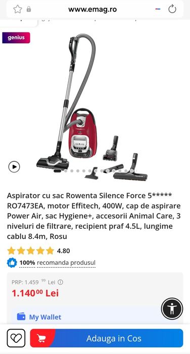 Aspirator Rowenta Silence Force Allergy+, rosu, stare f buna